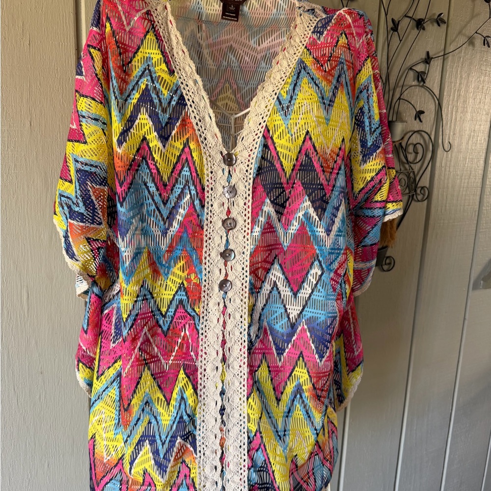 Multiples Multicolor Zigzag Crochet-Trim Button F… - image 1